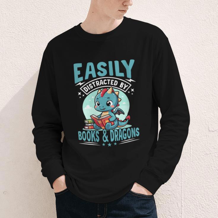 Easily Distracted By Books And Dragons Nerds Youth Long Sleeve Tee