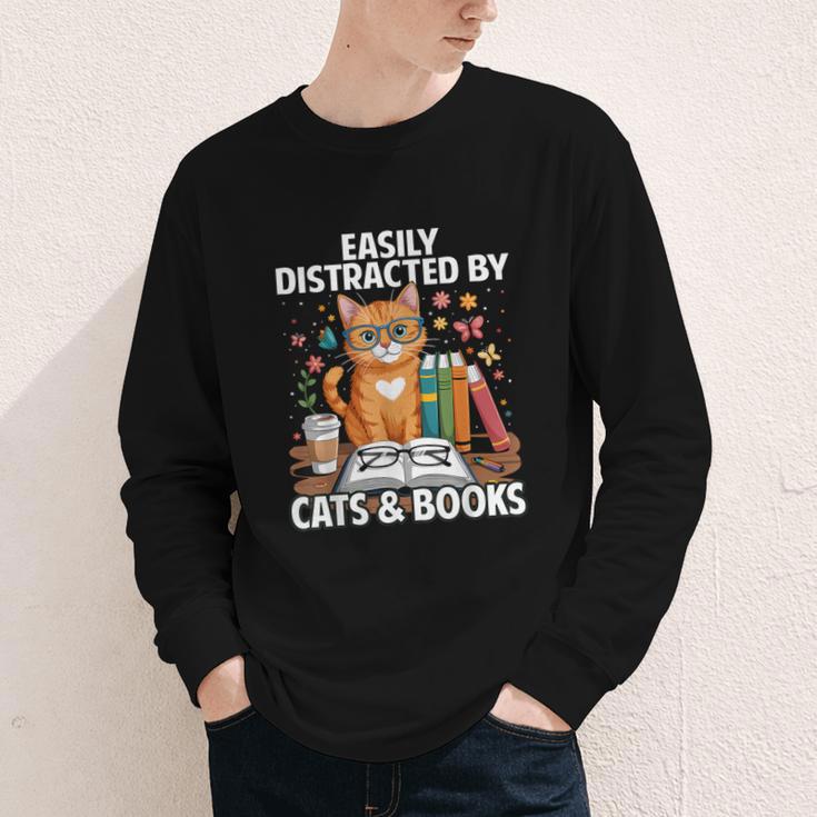 Easily Distracted By Cats And Books Book Lover Cat Youth Long Sleeve Tee