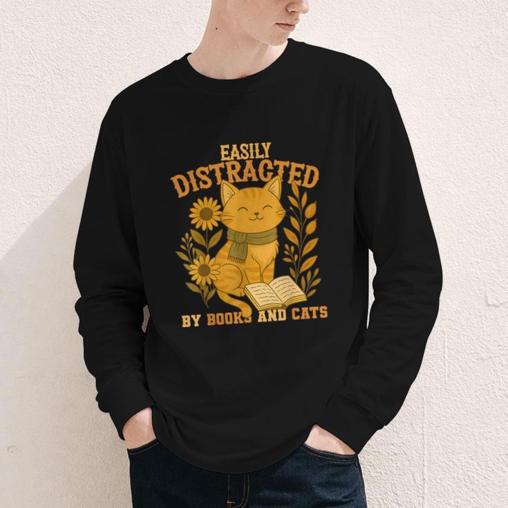 Easily Distracted By Cats And Books Cute Cat Book Lover Youth Long Sleeve Tee