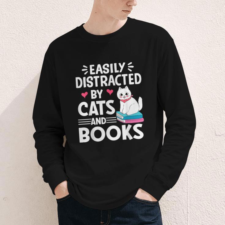 Easily Distracted By Cats And Books Cute Cat And Book Lovers Youth Long Sleeve Tee