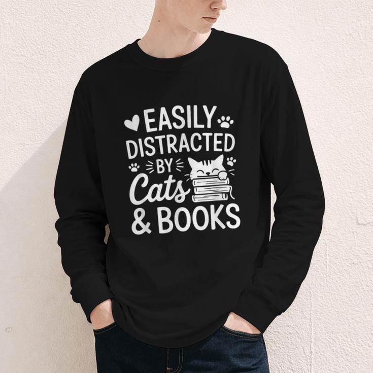 Easily Distracted By Cats And Books Reading Apparel Youth Long Sleeve Tee