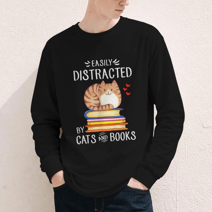 Easily Distracted By Cats And Books Reading Lover Bookish Youth Long Sleeve Tee