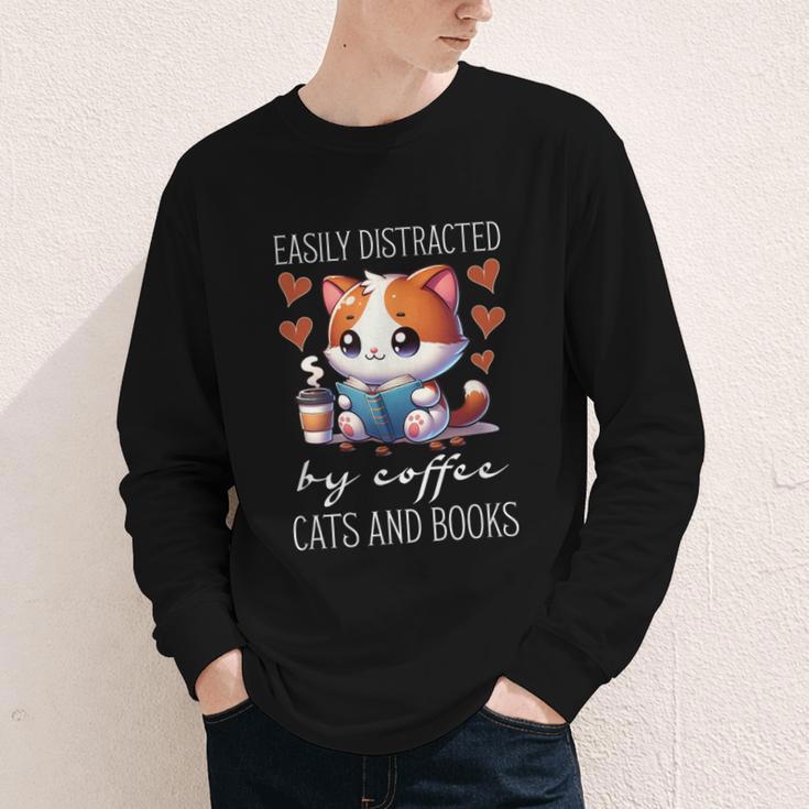 Easily Distracted By Coffee Cats And Books Youth Long Sleeve Tee Easily Distracted By Coffee Cats And Books Youth Long Sleeve Tee