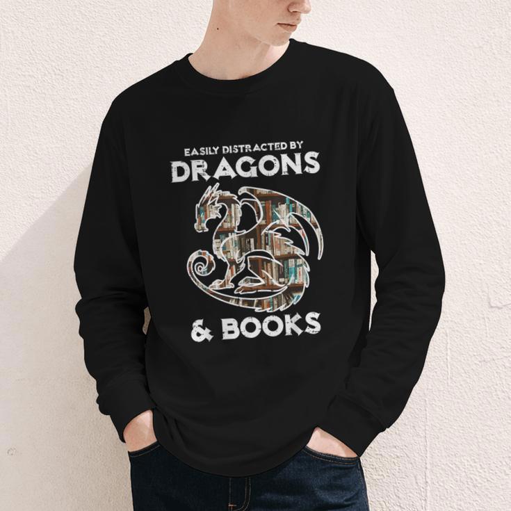 Easily Distracted By Dragons Books Bookworm Women Men Kids Youth Long Sleeve Tee