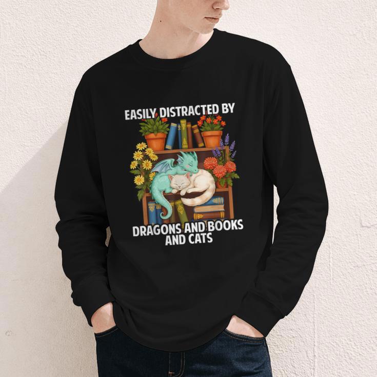 Easily Distracted By Dragons Books Cats Fantasy Book Lover Youth Long Sleeve Tee