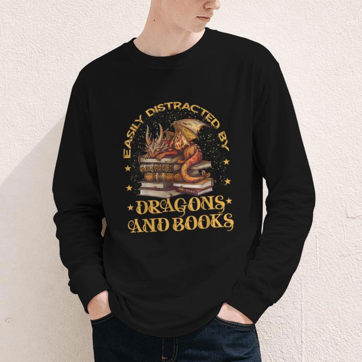 Easily Distracted By Dragons And Books Fantasy Book Lover Youth Long Sleeve Tee
