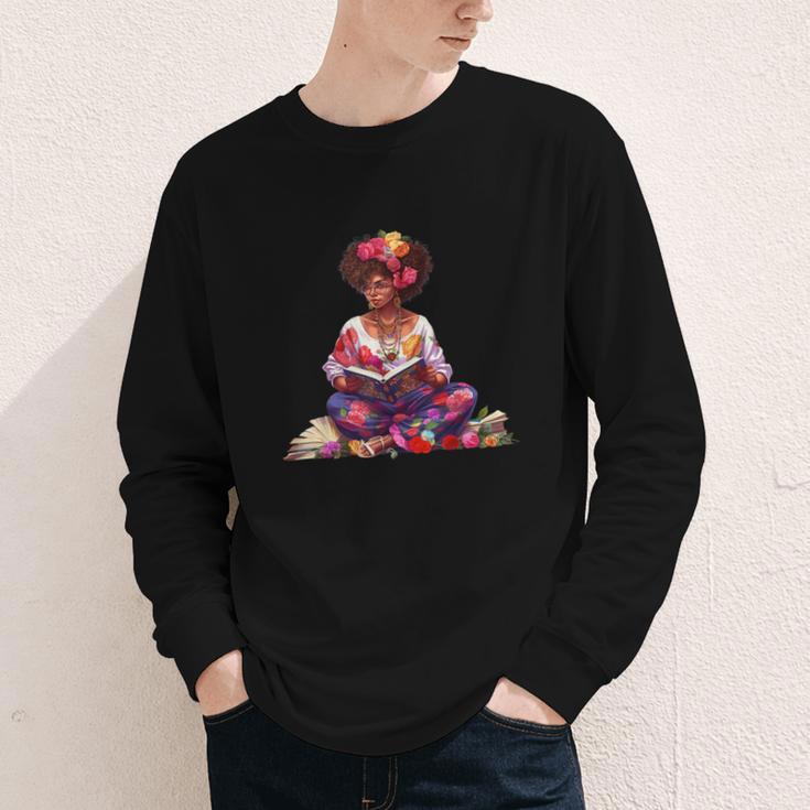 Educated Melanin Queen Afro Women Reading Book History Youth Long Sleeve Tee