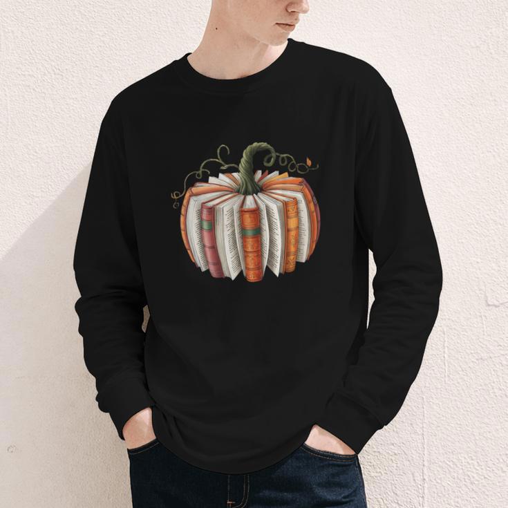 Fall Book Pumpkin Halloween Teacher Librarian Thanksgiving Youth Long Sleeve Tee