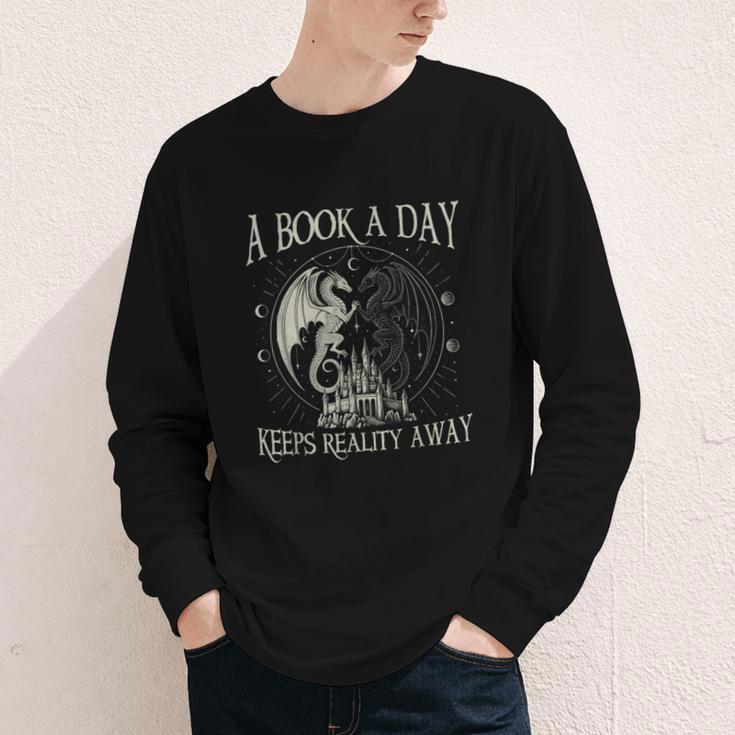 Fantasy Book Club Dragon Reader Book A Day Keep Reality Away Youth Long Sleeve Tee