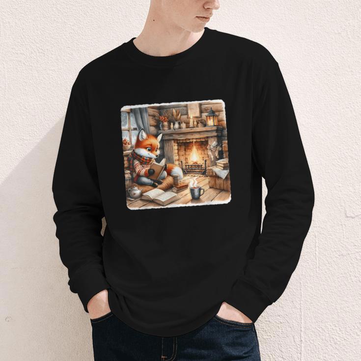 Fox Reads By Fireplace In Cabin Rustic Book Cozy Cup Tea Youth Long Sleeve Tee