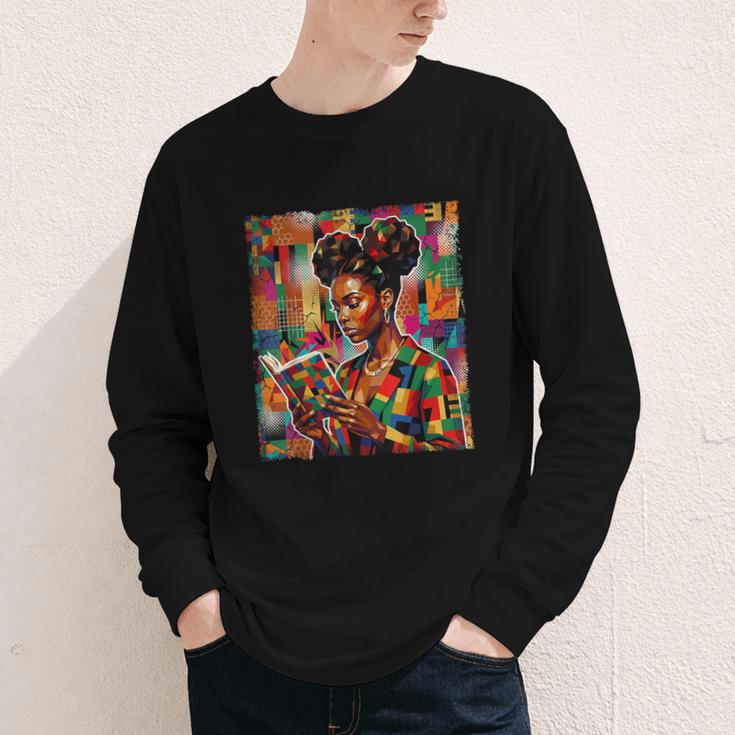 Geometric History Educated Women Reading Book Melanin Youth Long Sleeve Tee