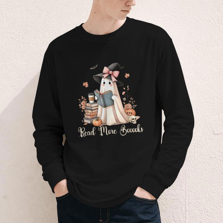 Ghost Reading Book Coquette Bow Halloween Girl Kid Teacher Youth Long Sleeve Tee