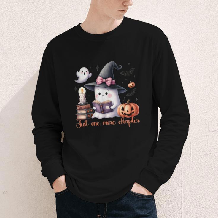 Ghost Reading Book Coquette Bow Halloween Girl Toddler Kid Youth Long Sleeve Tee