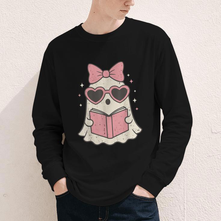Ghost Reading Book Halloween Cat Lover Youth Long Sleeve Tee