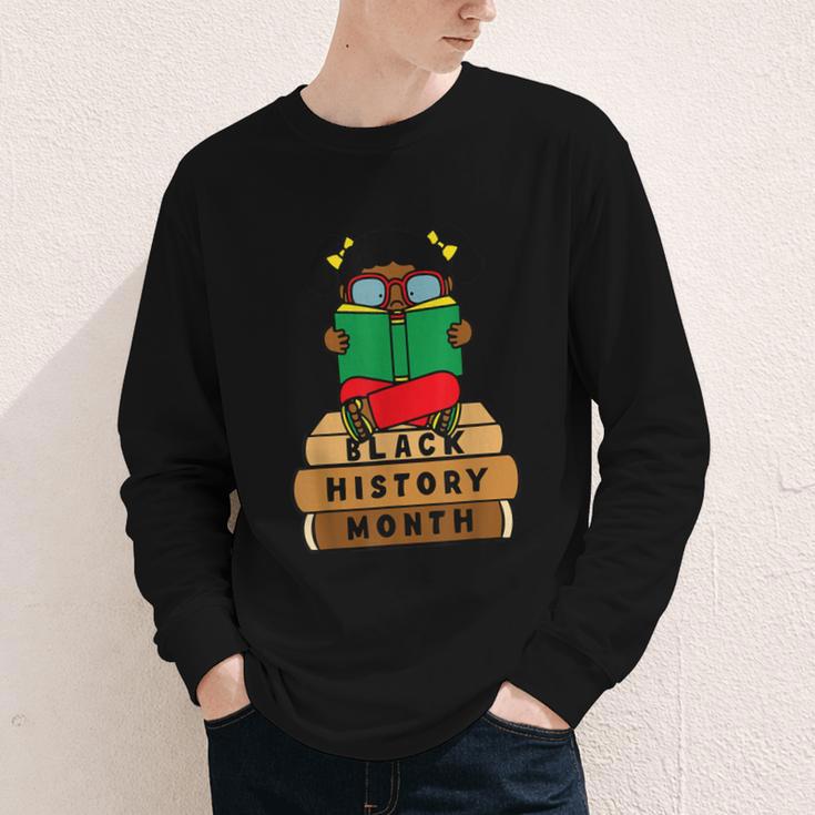 Girl Kid Reading Book Black History Month Bookworm Youth Long Sleeve Tee