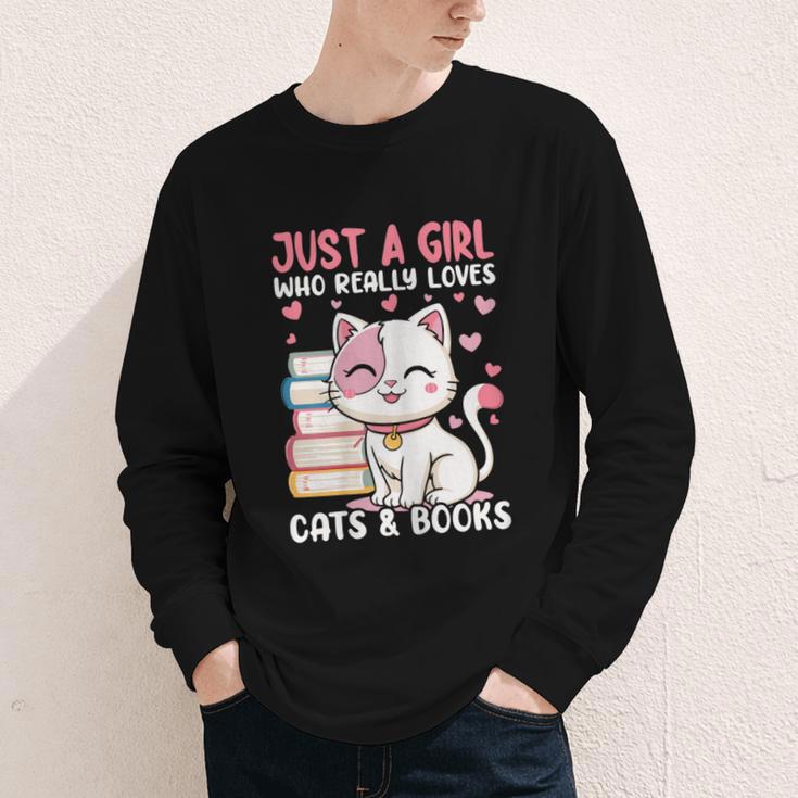 Girl Who Loves Cats And Books Cute Youth Long Sleeve Tee