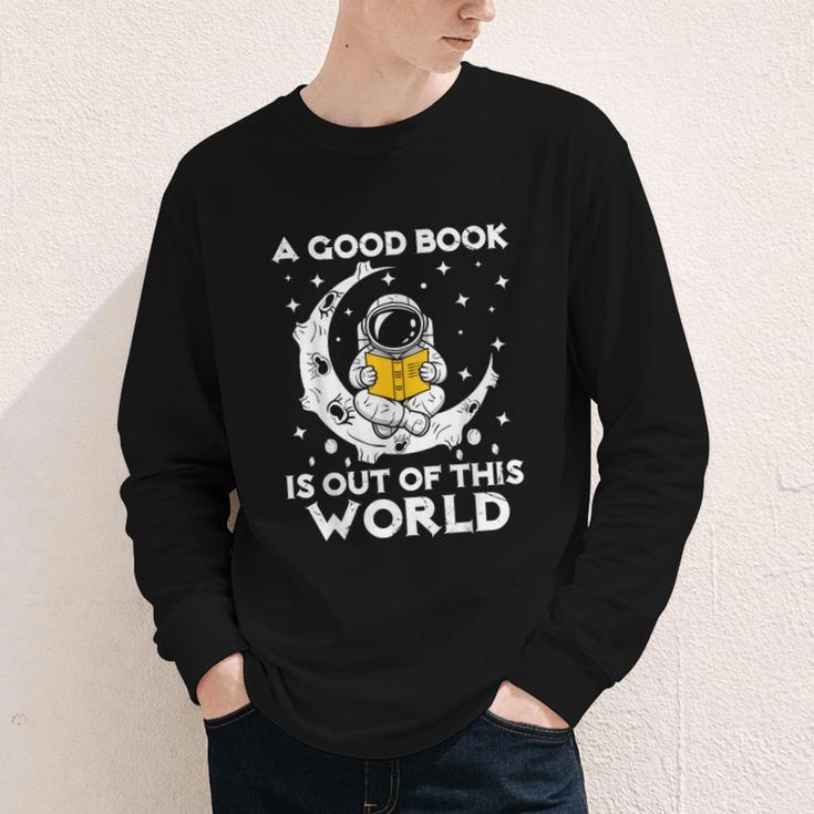 Good Book Is Out Of This World Astronaut Moon Space Reading Youth Long Sleeve Tee