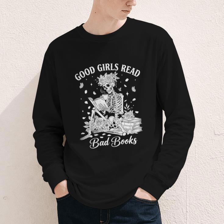 Good Girls Read Bad Books Skeleton Reading Book Halloween Youth Long Sleeve Tee