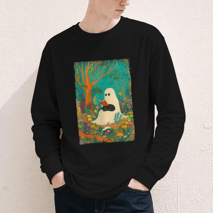 Groovy Ghost Reading Book Cat Halloween Ghost Teacher Youth Long Sleeve Tee
