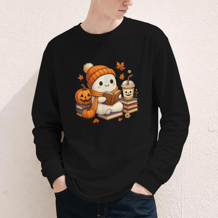 Halloween Ghost Reading Book Lovers Coffee Girl Women Youth Long Sleeve Tee Halloween Ghost Reading Book Lovers Coffee Girl Women Youth Long Sleeve Tee
