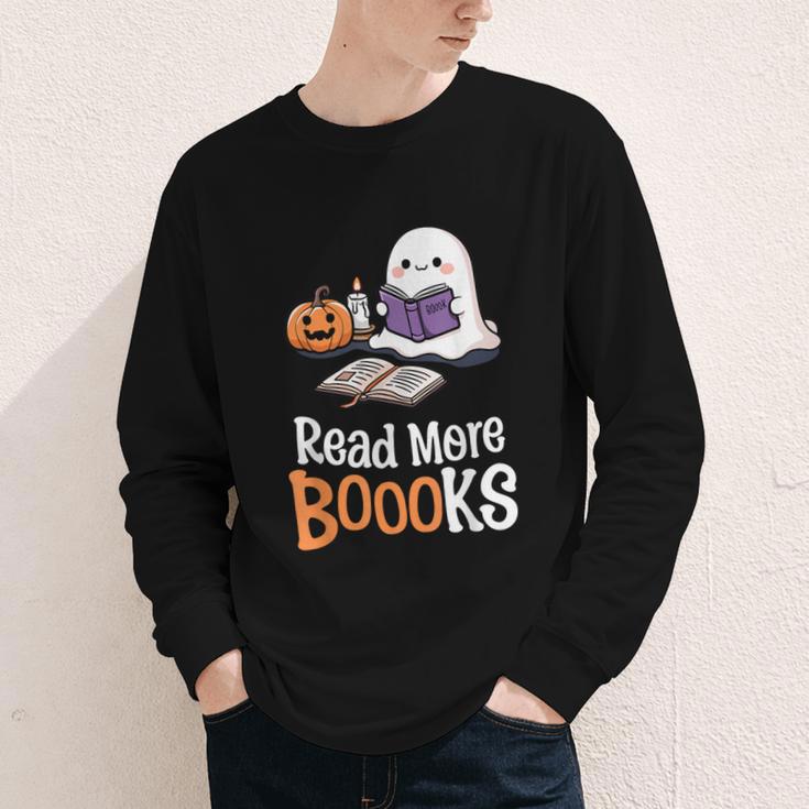 Halloween Teacher Women Cute Reading Ghost Read More Books Youth Long Sleeve Tee