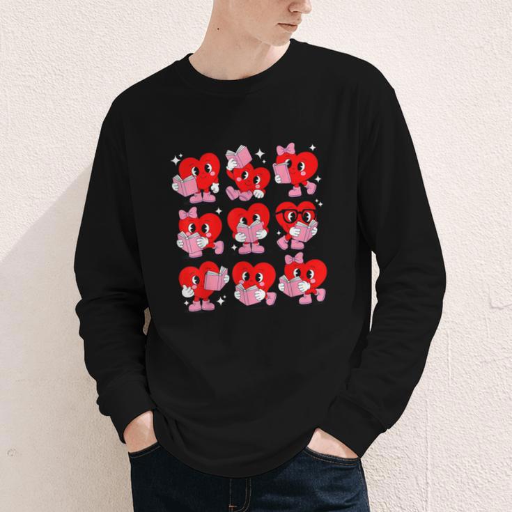 Heart Reading Books Valentine Teacher Boys Girls Book Lover Youth Long Sleeve Tee
