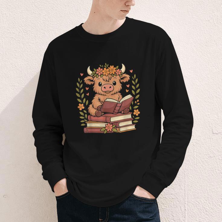Highland Cow Reading Book Graphic Cow With Book Floral Youth Long Sleeve Tee