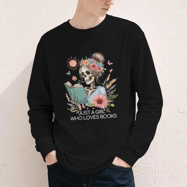 Just A Girl Who Loves Books Messy Bun Book Skeleton Bookworm Youth Long Sleeve Tee