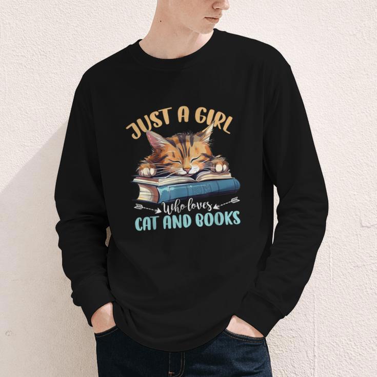 Just a Girl Who Loves Cats And Books Kitties Pet Art Lover Youth Long Sleeve Tee