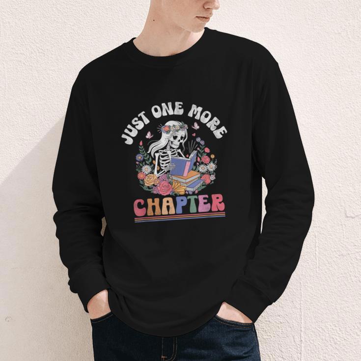 Just One More Chapter Skeleton Reading Book Bookworm Reader Youth Long Sleeve Tee
