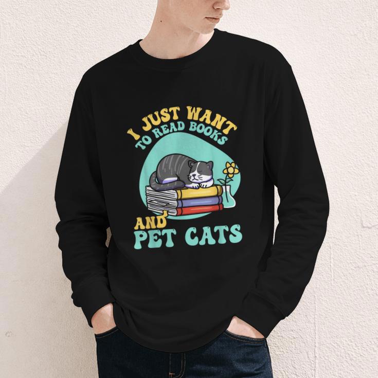 I Just Want To Read Books And Pet Cats Cat Book Lovers Youth Long Sleeve Tee