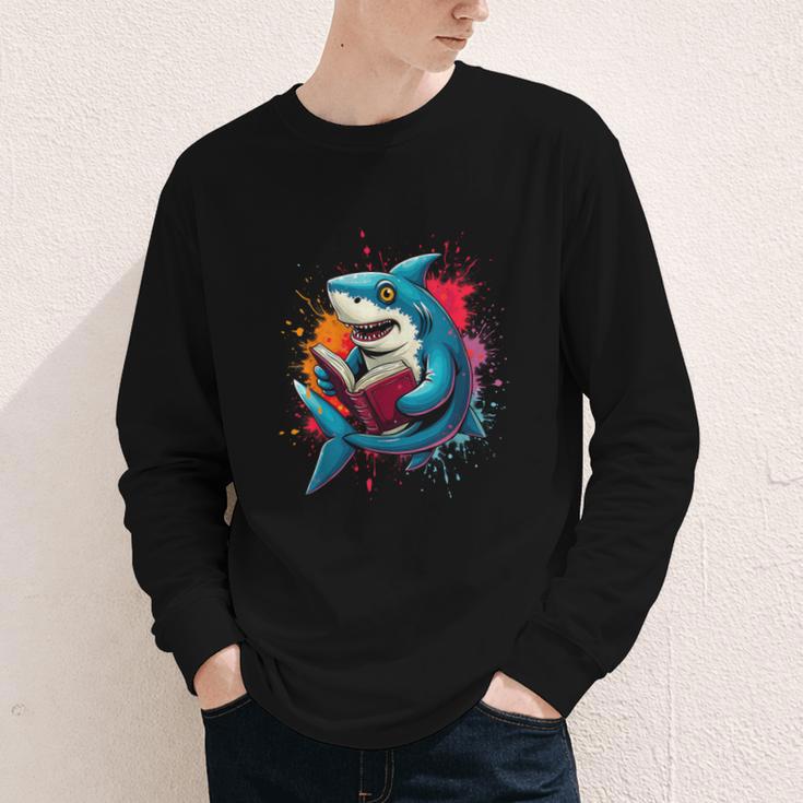 Kawaii Shark Reads Book Reading Library Book Bookworm Youth Long Sleeve Tee