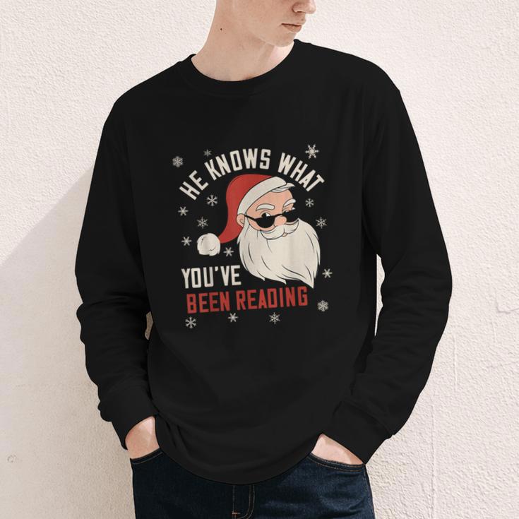 He Knows What You'Ve Been Reading Book Lover Women Santa Youth Long Sleeve Tee He Knows What You'Ve Been Reading Book Lover Women Santa Youth Long Sleeve Tee