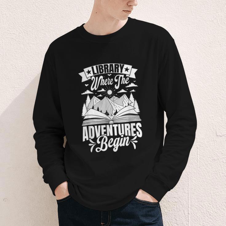 Library Where The Adventures Begin Librarian Book Readers Youth Long Sleeve Tee