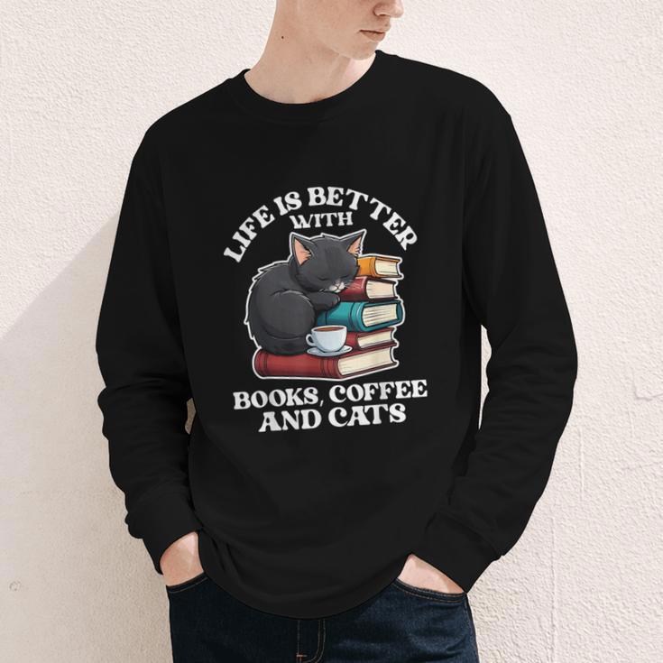 Life Is Better With Books Cats & Coffee Librarian Book Lover Youth Long Sleeve Tee