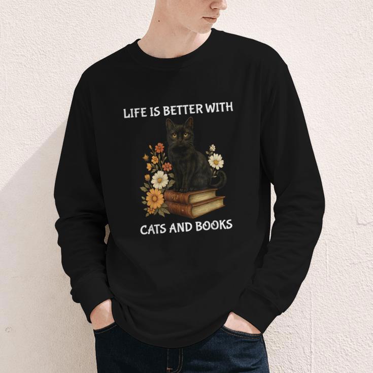 Life Is Better With Cats And Books Cute Cat Lover For Men Women Kids Youth Long Sleeve Tee