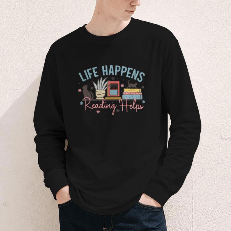 Life Happens Reading Helps Loves To Read Books Cats Youth Long Sleeve Tee