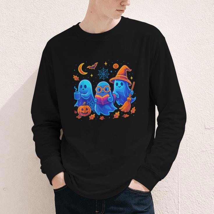 Little Ghost Coffee Tee Spooky Season Ghost Reading Book Youth Long Sleeve Tee
