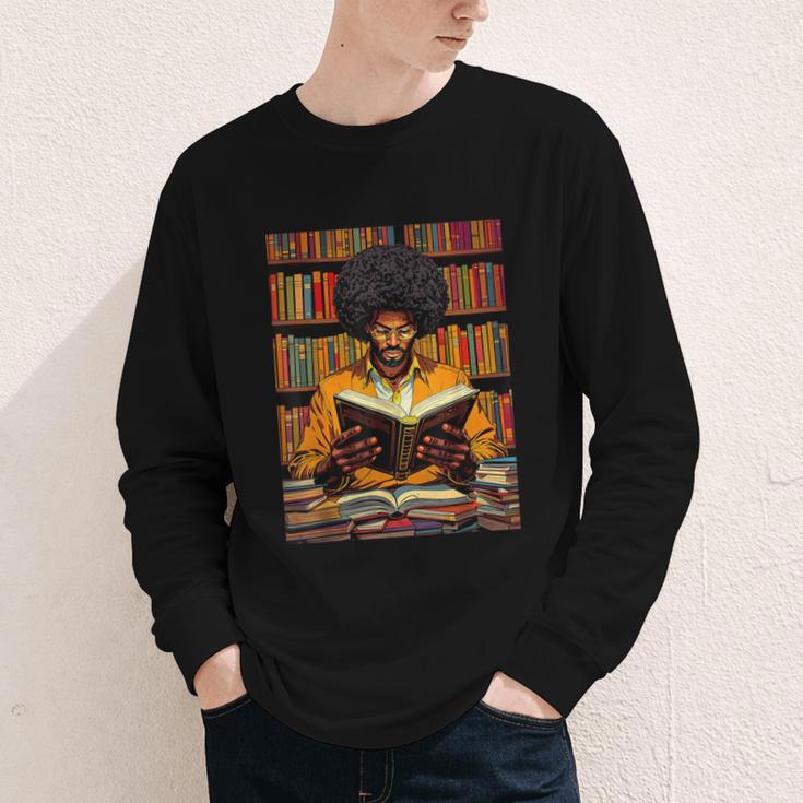 Man Reading Book Black History Month Book Lover Afro Youth Long Sleeve Tee