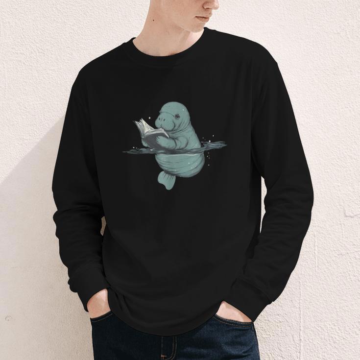 Manatee Reading Book Bookworm Manatees Ocean Animal Lover Youth Long Sleeve Tee