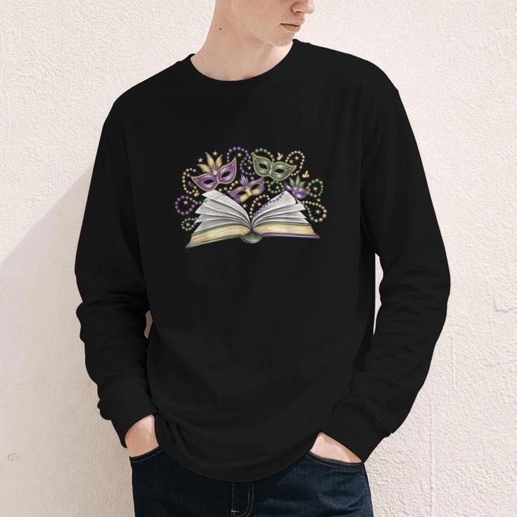 Mardi Gras Book Librarian Author Purple Beads Youth Long Sleeve Tee