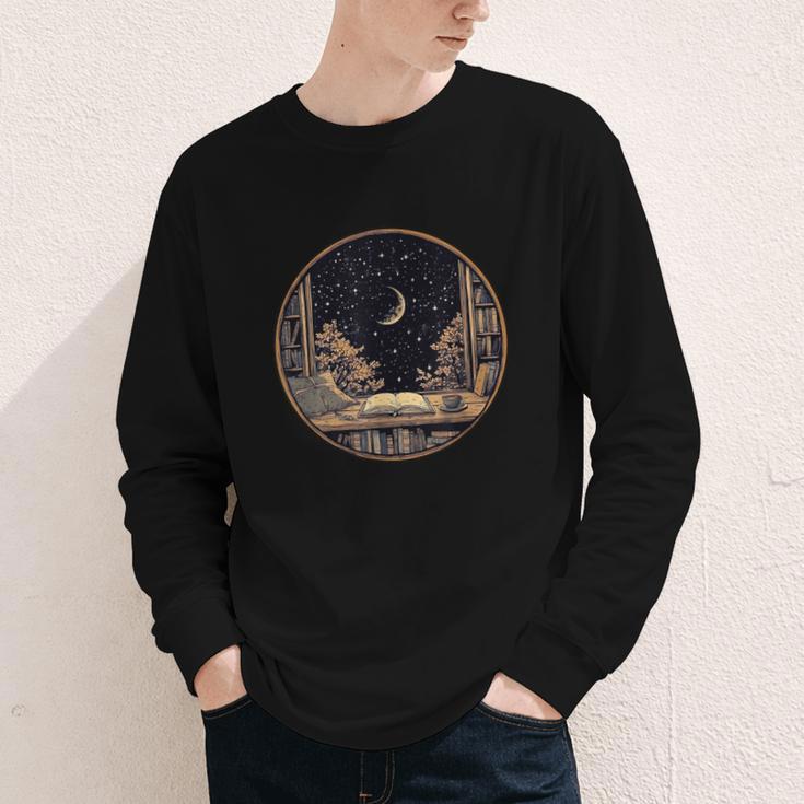 Moon Book Bookshelf Library Coffee Cup Star Stars Pattern Youth Long Sleeve Tee