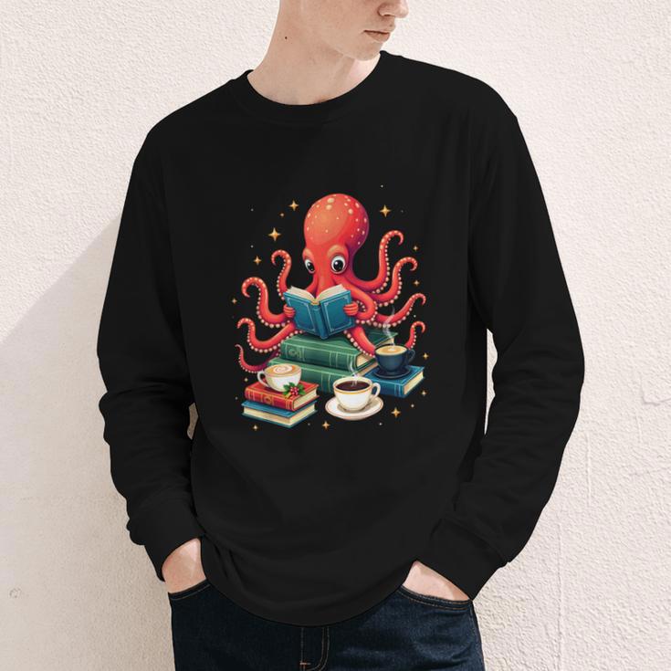 Octopus Reading Books Tea Coffee Youth Long Sleeve Tee