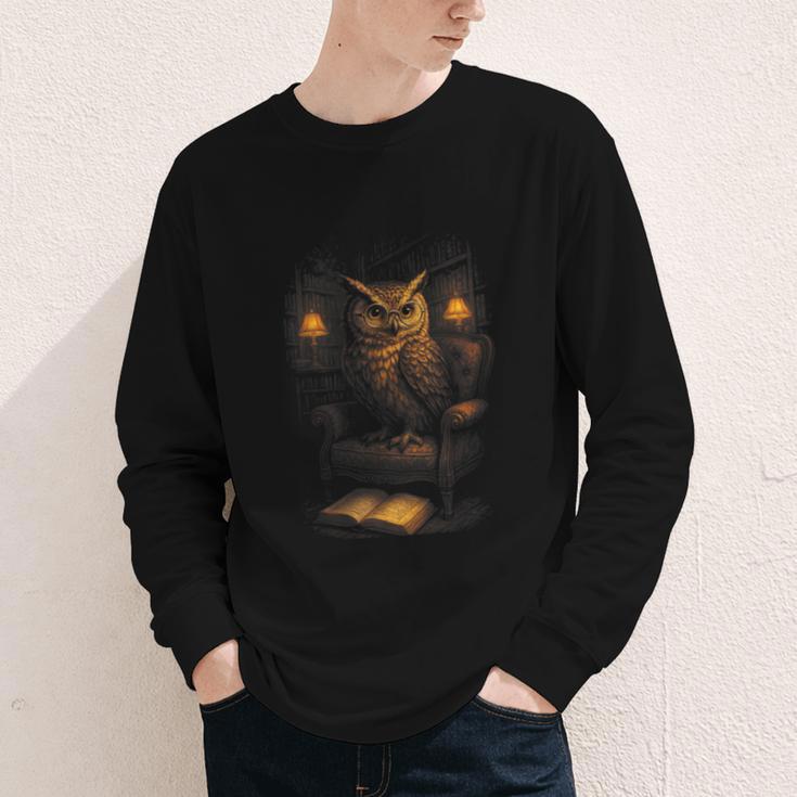 Owl Library Books Wisdom Reading Vintage Scholar Youth Long Sleeve Tee