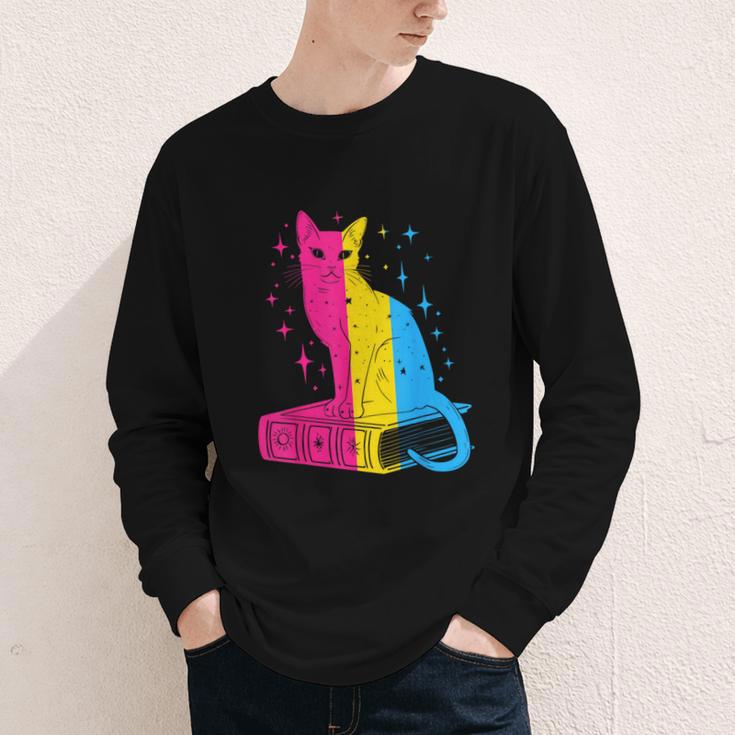 Pansexual Pride Celestial Cat Sitting Book LGBTQ Pan Colors Men Women Youth Long Sleeve Tee Pansexual Pride Celestial Cat Sitting Book LGBTQ Pan Colors Men Women Youth Long Sleeve Tee