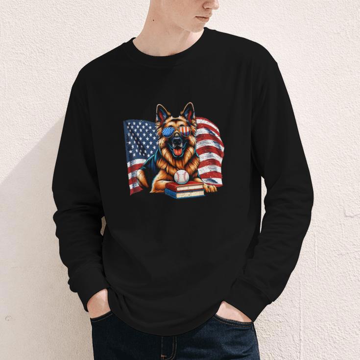 Patriotic German Shepherd Books Baseball USA Flag Vintage Youth Long Sleeve Tee