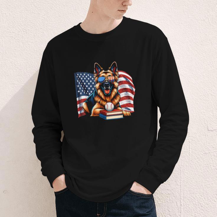 Patriotic German Shepherd Dog Books Baseball American Flag Youth Long Sleeve Tee
