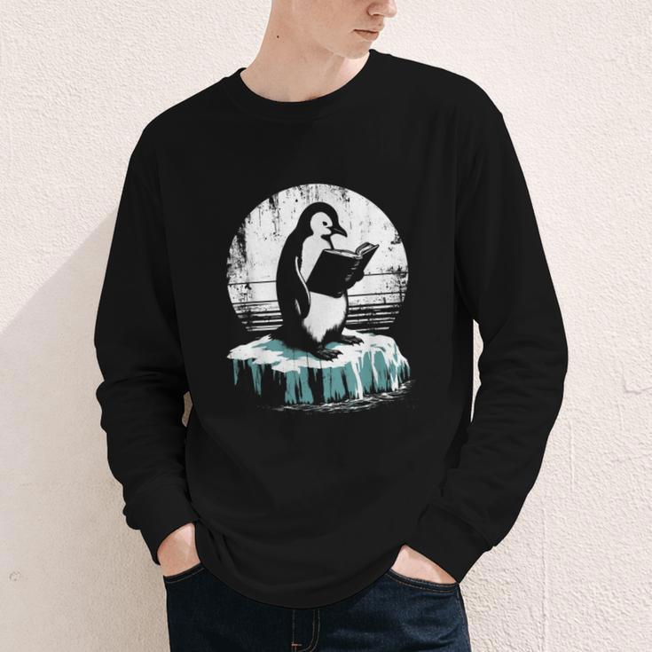 Penguin Reading A Book Vintage Graphic Bookworm Lover Youth Long Sleeve Tee
