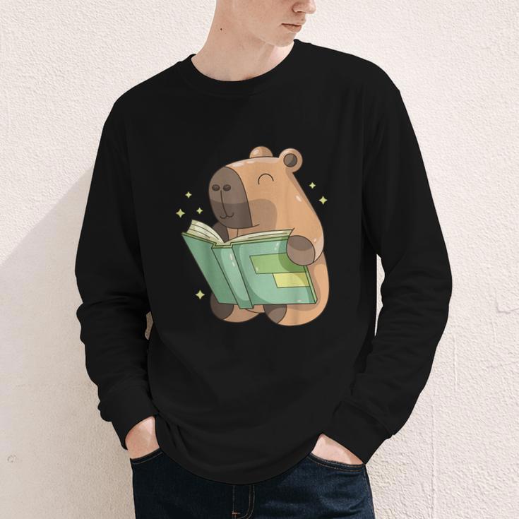 Pet Capybara Is Reading Library Capy Word Book Day Teacher Men Women Kids Youth Long Sleeve Tee