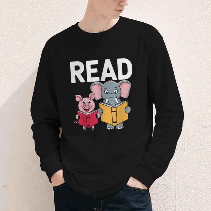 Pig Elephant Reading Cute Book Lover Bookworm Boys Girls Kid Youth Long Sleeve Tee